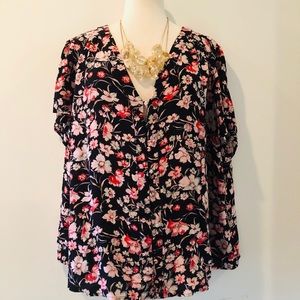 Sanctuary Black and Pink Floral Silky Top Plus 2X